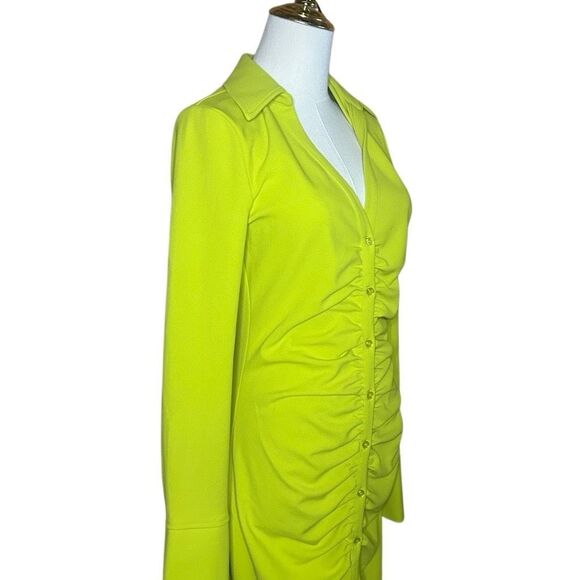 H&M Lime Green Long Sleeve Draped Shirt Dress Size S Button Front Ruched V-neck - Picture 5 of 15